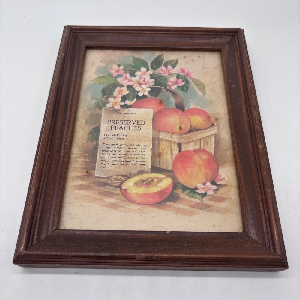 Vintage Gail Monroe Preserved Peaches Art Print 9x7 Brown Rustic Wood Frame